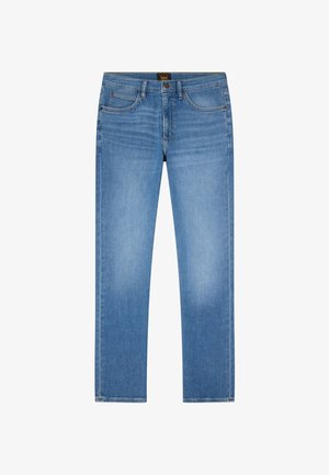 Lyseblå denim jeans med rette ben, frontknapp, glidelås, fem lommer og svak falming rundt lår og knær.
