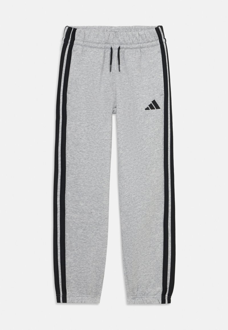 Gray sweatpants with black side stripes, elastic waistband, and drawstring. Features a small black Adidas logo on the left thigh.