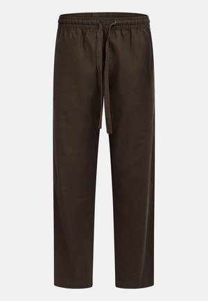 Καφέ παντελόνι με άνετη εφαρμογή, ελαστική μέση και ρυθμιζόμενο κορδόνι. Κατασκευασμένο από απαλό, υφασμάτινο ύφασμα με υφή. Σχεδιασμός με ίσιο πόδι.