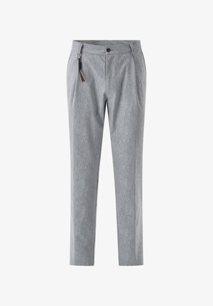 Graue Hose aus strukturiertem Material, mit Reißverschluss, Knopfverschluss und einem dekorativen Reißverschlussanhänger mit Quaste.