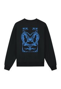 Zwarte sweatshirt met een blauw vlinder- en bloemdesign, voorzien van geribbelde manchetten en zoom, gemaakt van zachte katoen.