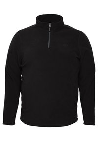 Svart fleece-genser med glidelås i halsen, lange ermer og sidelommer. Glatt tekstur og enkel design med minimal merking.