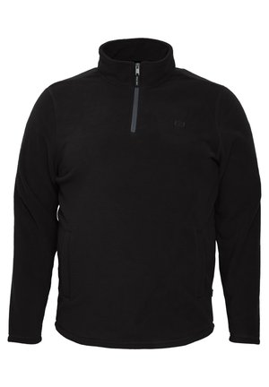 Czarny polarowy sweter z zamkiem błyskawicznym przy kołnierzu, długimi rękawami i bocznymi kieszeniami. Gładka tekstura i prosty design z minimalnym logo.