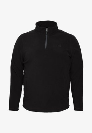 Must läikesega must fliisist pullover, millel on lukuga kaelus, pikad varrukad ja küljetaskud. Sile tekstuur ja lihtne disain koos minimaalsete brändingutega.