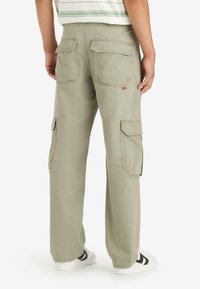 Svetlozeleni cargo hlače s sproščenim krojem, ki imajo dvojne zadnje žepe in stranske cargo žepe, izdelane iz trpežnega bombažnega materiala.