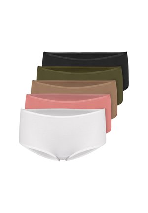 Woman wearing seamless taupe hipster underwear, showing front torso and upper thighs against plain background.