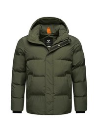 Chaqueta acolchada de color verde oliva con capucha, que cuenta con cierre de cremallera en la parte frontal y botones a presión, acolchado horizontal y puños de canalé negros.