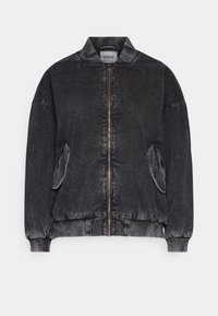 Black denim bomber jacket with a zip front, ribbed cuffs and hem, and two side pockets. Features a classic collar and smooth texture.