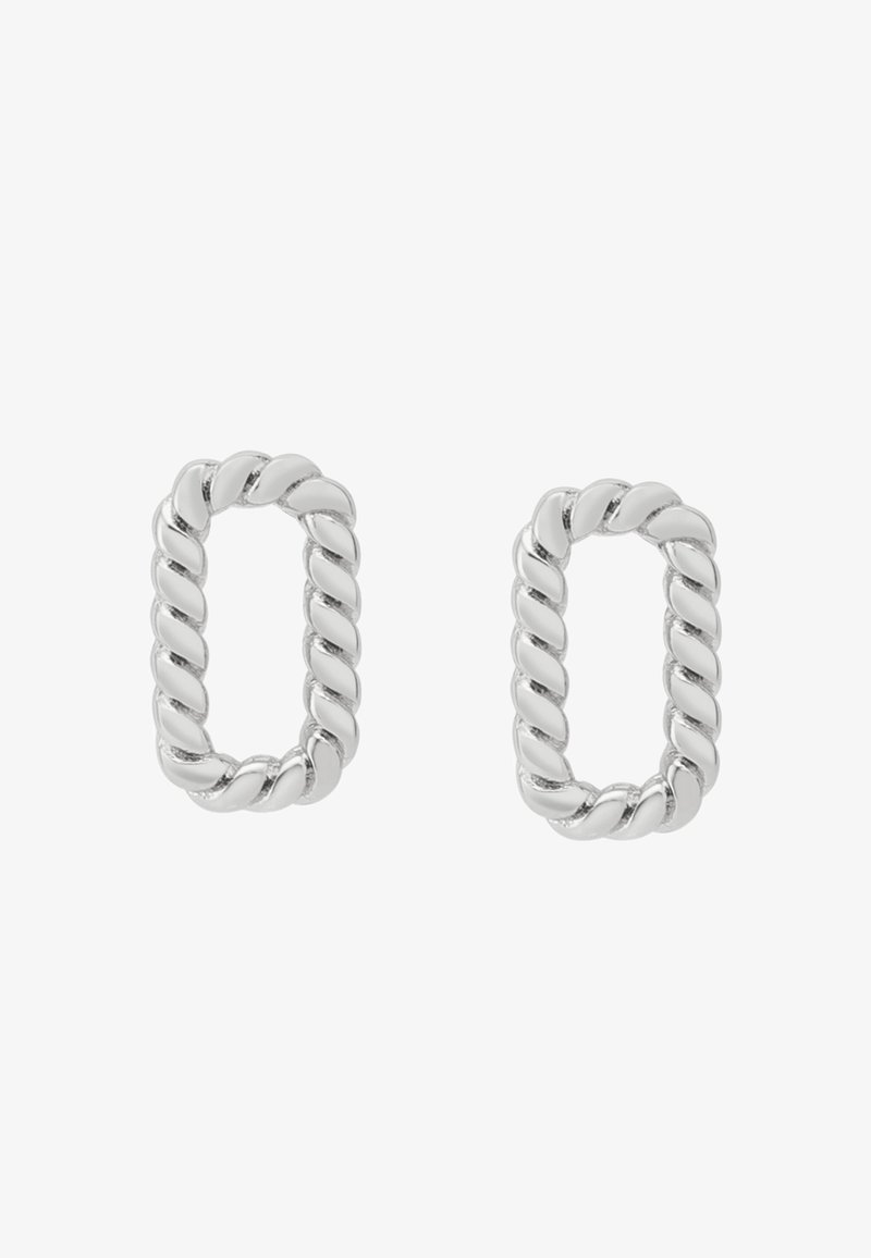 Silver hoop earrings with a twisted rope design, featuring an open rectangular shape and polished surface, reflecting light.
