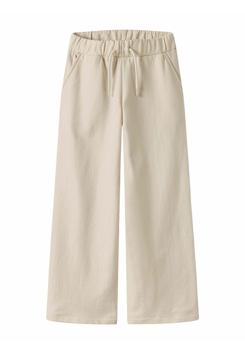 Beige weit geschnittene Hose mit elastischem Bund, verstellbarem Kordelzug und Seitentaschen, aus weichem Stoff.