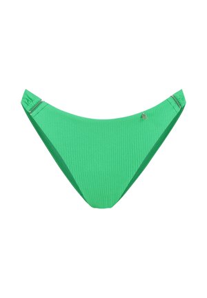 Groen textuur bikinibroekje met verstelbare zijkanten en een klein metalen logo aan de rechterkant.