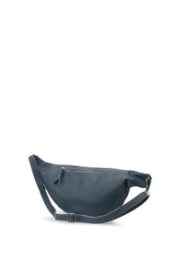 Leather shoulder bag in dark blue, featuring a curved shape, adjustable strap, and a zippered pocket with a small leather pull tab.