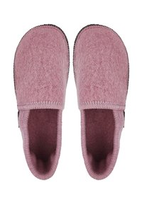 Pink felt slippers with a soft texture, rounded shape, and contrasting dark stitching. The interior is also pink and includes a simple design.