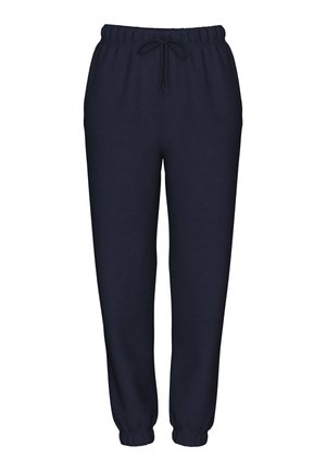Pantaloni tuta blu navy realizzati in morbido tessuto, dotati di una vita elastica con cordino e polsini aderenti alle caviglie.
