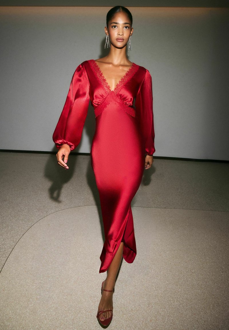Red Insett Friends Like These LONG SLEEVE LACE INSERT SATIN MIDI DRESS ...