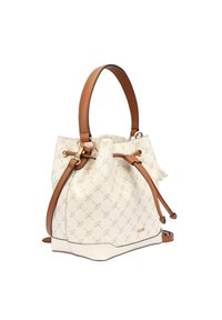 Torebka typu bucket w kremowej skórze z teksturowanym wzorem, z brązowymi uchwytami i zaciągiem, ozdobiona złotymi akcentami.