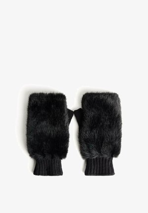 Schwarze Fellhandschuhe mit weicher Textur, ausgestattet mit gerippten schwarzen Strickbündchen und offenen Fingerspitzen für Flexibilität.