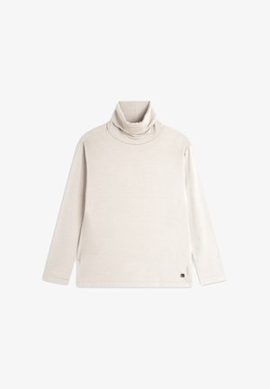Maglione a collo alto di un beige chiaro realizzato in tessuto morbido, con maniche lunghe e una vestibilità rilassata, caratterizzato da un logo discreto sul lato inferiore.