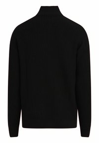 Black knitted sweater with a high collar, ribbed texture, and long sleeves. Simple design, solid color, no additional patterns or accents.