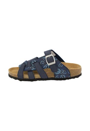 Sandalo blu navy con punta aperta, fibbia regolabile, motivo circolare, soletta imbottita in sughero e suola in gomma nera.