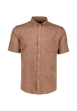 Braunes Leinenhemd mit kurzen Ärmeln, Button-Down-Kragen, Brusttasche vorne und durchgehender Knopfleiste.