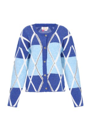 Cardigan în nuanțe de albastru și bleu deschis, cu un model geometric în forme de diamant, cu închideri cu butoane și o textură moale, pufoasă. Accente argintii prezente.