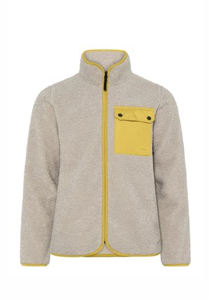 Fleecejacke in Hellgrau mit gelbem Reißverschluss und Besatz, ausgestattet mit einer gelben Brusttasche mit Druckknopfverschluss. Weiche Textur und lockere Passform.