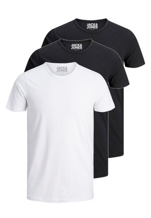 Drei Baumwoll-T-Shirts in Weiß und Schwarz, mit Rundhalsausschnitt und kurzen Ärmeln. Markenetikett am Ausschnitt sichtbar.
