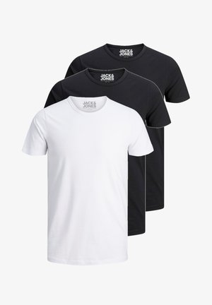Three cotton T-shirts in white and black, featuring a crew neck and short sleeves. Brand label visible on the neckline.