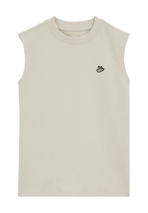 Ujjatlan bézs környakú póló kicsi fekete-fehér madár emblémával a bal mellrészen.