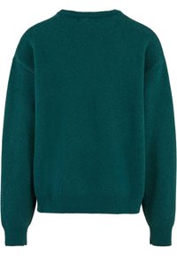 Teal zöld, kötött pulóver kerek nyakkal, ejtett vállakkal és hosszú ujjakkal. Puha tapintású, cropped fazonú, varrat nélküli hát.