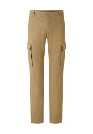 Khaki cargobroek van een katoenmix, met een rechte pasvorm, twee zijzakken en een knoopsluiting aan de voorkant. Soepele textuur.