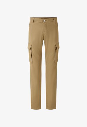 Khaki cargobroek van een katoenmix, met een rechte pasvorm, twee zijzakken en een knoopsluiting aan de voorkant. Soepele textuur.