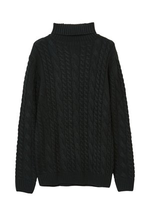 Maglione nero a maglia con colletto alto a treccia, caratterizzato da un motivo a cavo testurizzato e polsini e orlo a coste. Realizzato in tessuto morbido.