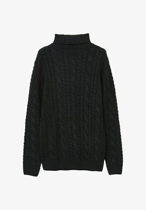 Schwarzer Strickpullover mit hohem Rollkragen, der ein strukturiertes Zopfmuster sowie gerippte Bündchen und Saum aufweist. Aus weichem Material gefertigt.
