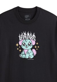 Black t-shirt made of cotton featuring a cartoon dog print in blue and pink with stars, outlined in vibrant colors. Loose fit design.