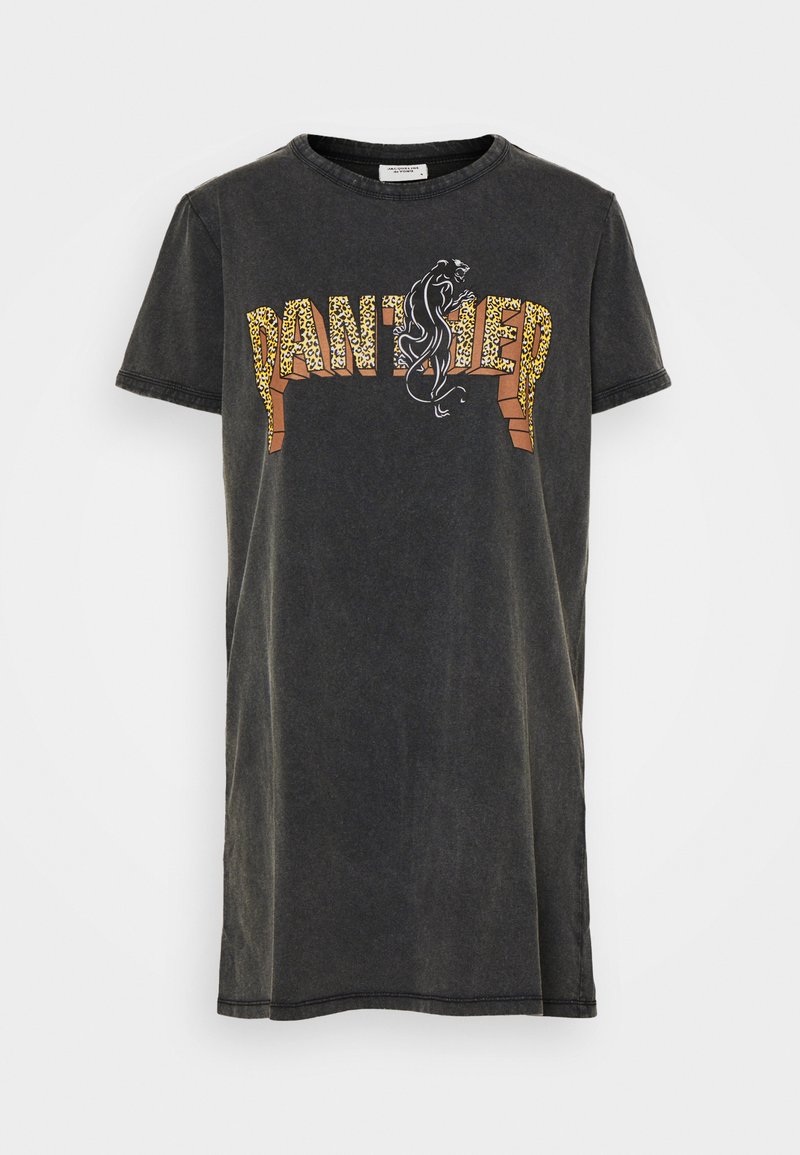 Svart bomulls T-skjorte med korte ermer, med leopardmønster og grafisk "PANTHER" tekst. Avslappet passform, rund halsdesign.