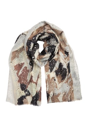 Écharpe légère avec motifs abstraits marron, noirs, beige et petites paillettes métalliques dorées, pliée de manière décontractée.