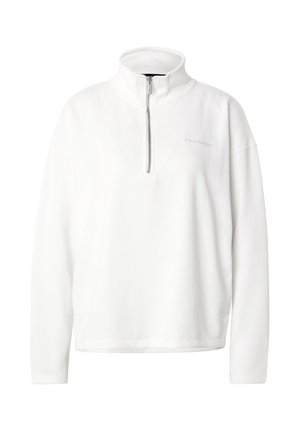 Pull-over blanc à manches longues avec texture côtelée, col montant et fermeture avant par demi-fermeture éclair, avec un texte brodé discret sur la poitrine.
