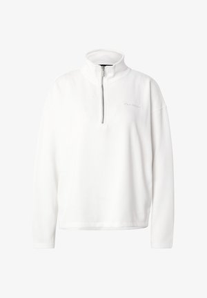 Hvit langermet genser med ribbet tekstur, høy krage og halvglidelås foran, med subtil brodert tekst på brystet.