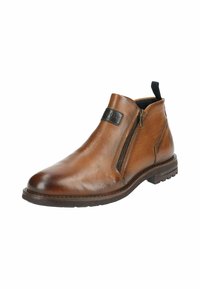 Botas de cuero marrón hasta el tobillo que presentan un cierre lateral, parte superior texturizada y una suela de goma resistente con un ligero tacón.