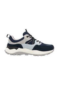 Marineblaue und hellblaue Sneaker aus Wildleder und Mesh-Materialien, mit Schnürdesign, weißer Zwischensohle und strukturiertem grauem Gummiaußensohle.