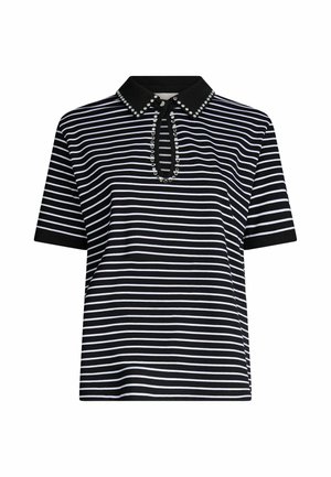 Pruhované polo tričko v černobílé barvě s černým límcem, které je ozdobeno dekorativními rhinestony podél výstřihu a na krátkých rukávech.