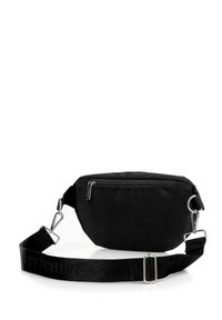 Marsupio in nylon nero con tasca frontale con zip, tracolla regolabile con il nome del marchio e dettagli in acciaio inox lucido.