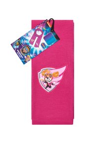 Sciarpa rosa lavorata a maglia con un grafico decorativo di un personaggio dei cartoni animati. Presenta un contorno a scudo con colori vivaci e un'etichetta attaccata.