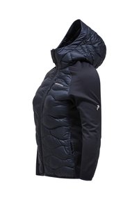 Marinblå puffjacka med huva, med en quiltad front, släta sidor, silverfärgad logotyp på ärmen och elastiska manschetter för en snug passform.