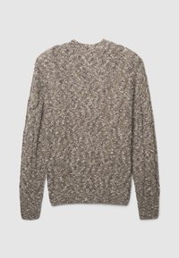 Knitted sweater in light brown with flecks of white and purple. Features a ribbed neckline and textured pattern. Back view.