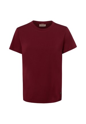 T-shirt bordeaux uni à manches courtes et col rond avec une petite étiquette logo en bas de l'ourlet sur fond blanc.