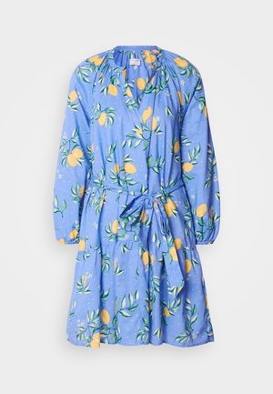 Blue dress with lemon and leaf pattern, long sleeves, gathered neckline, and waist tie. Made of lightweight fabric with a flared skirt.