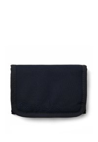 Marineblaues Stoffportemonnaie mit strukturiertem Oberflächen, Klappdesign, verstärkten Kanten und gesticktem Markenlogo auf der Vorderseite.